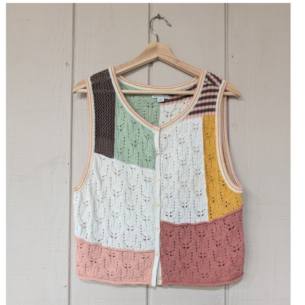 American Eagle Patchwork Pointelle Knit Button Fr… - image 2